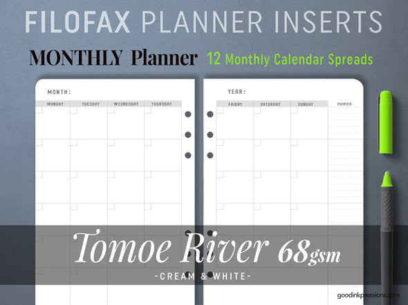 Tomoe River 68g - Filofax planner - MONTHLY  - handmade by goodINKpressions