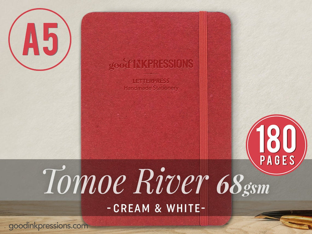 TOMOE RIVER  68gsm 180 pages Notebook WHITE- A5 Size with elastic closure  - handmade by goodINKpressions