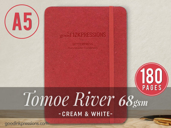 TOMOE RIVER  68gsm 180 pages Notebook WHITE- A5 Size with elastic closure  - handmade by goodINKpressions