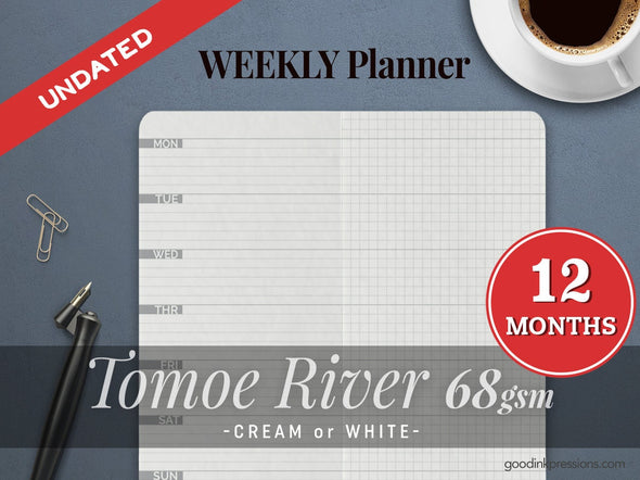 TOMOE River 68gsm ONE YEAR Weekly Planner, Week on One Page.  - handmade by goodINKpressions