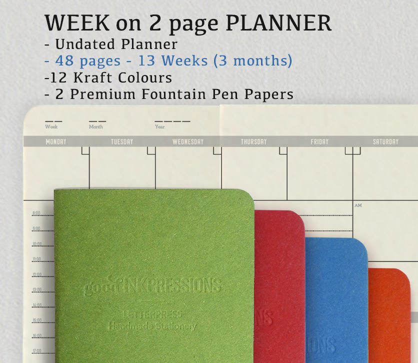 WEEK on 2 PAGES - 12 Colours, Traveller's Notebook - Fountain Pen Papers - Midori Planner Fountain Pen Notebooks - handmade by goodINKpressions