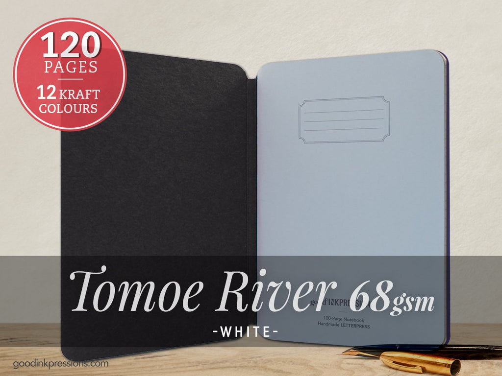 TOMOE RIVER WHITE 68gsm - - A5 size with elastic closure  - handmade by goodINKpressions