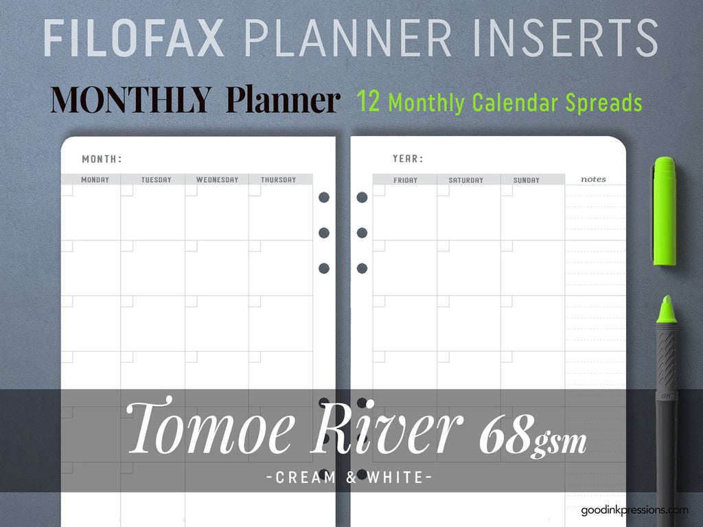 Tomoe River 68g - Filofax planner - MONTHLY  - handmade by goodINKpressions