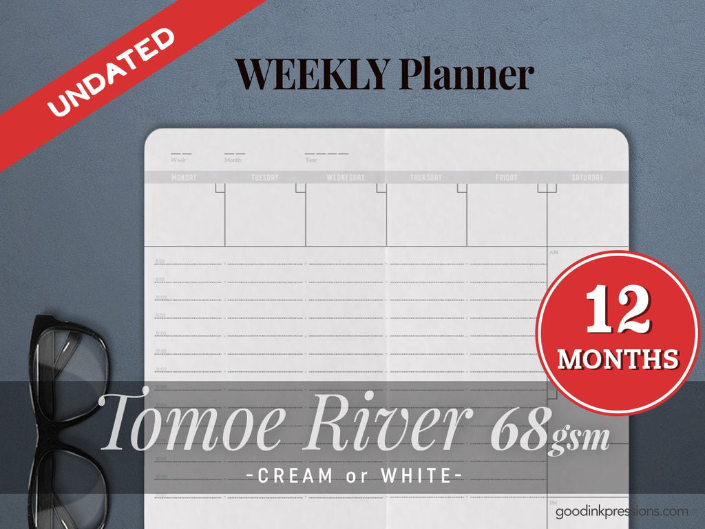 TOMOE River 68gsm ONE YEAR Weekly Planner, Week on Two Pages,  Traveler's Notebook Fountain Pen Paper - A5 Wide B6 Slim Standard tn